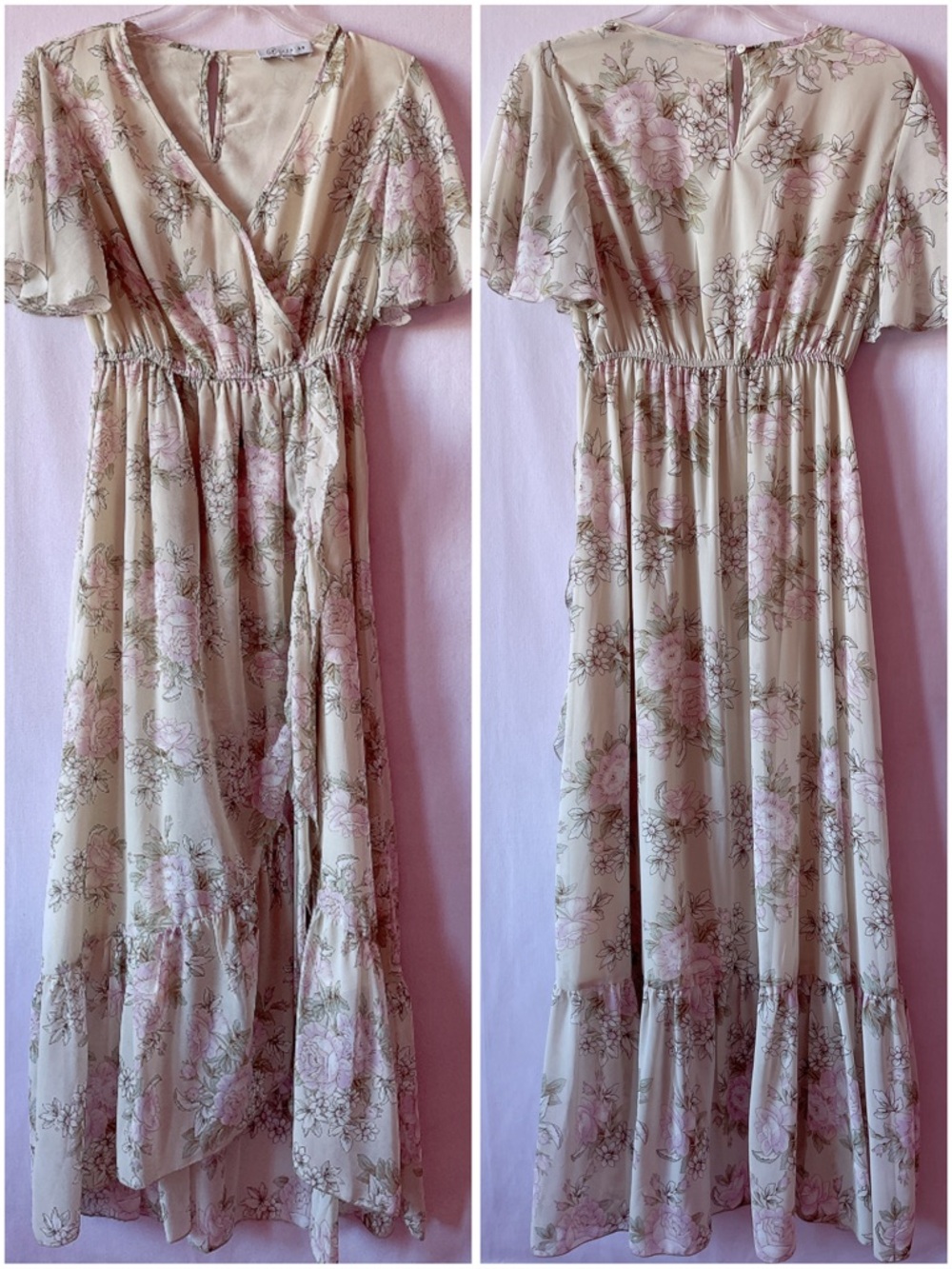 Cy Fashion Sweet Pea Floral Ruffle Chiffon Maxi Dress 🤍🌾🫖